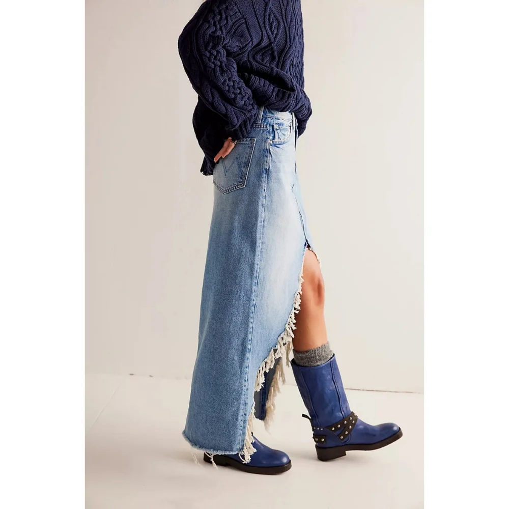 MOTHER Maxi Denim Skirt Womens Sz 29 Blue Denim Ditcher Maxi Fray Slit Rodeo - Picture 7 of 16